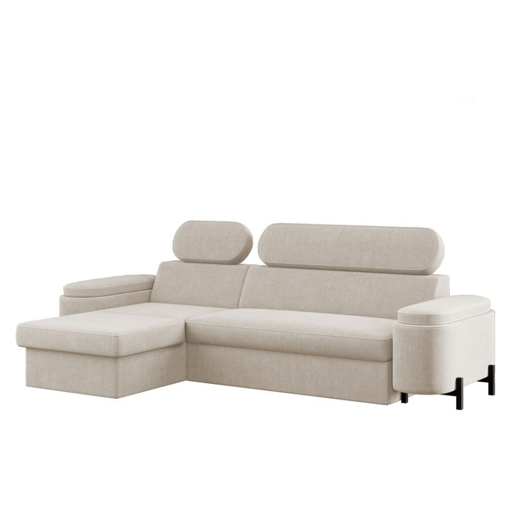 Coltar Roua, extensibil, lada depozitare, tetiere reglabile, stofa, 285 x 165 x 85 cm, Crem