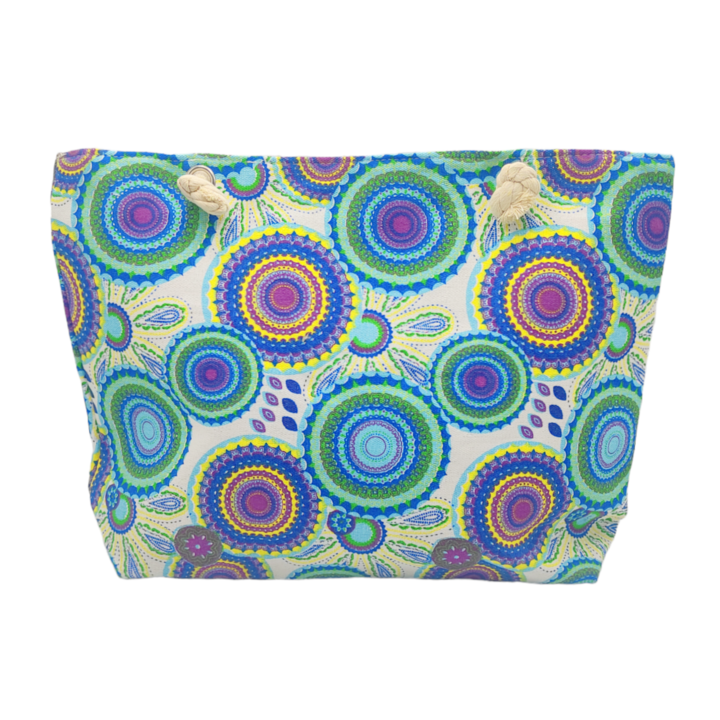 Geanta de plaja/ cumparaturi, imprimeu cu mandale albastre, 54 x 15 x 38 cm