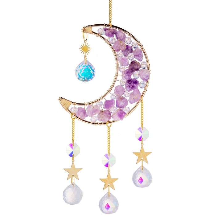 Ornament de agatat Suncatcher sub forma de semiluna cu cristal Ametist, Feng Shui, masina si birou, 7, 9 inc