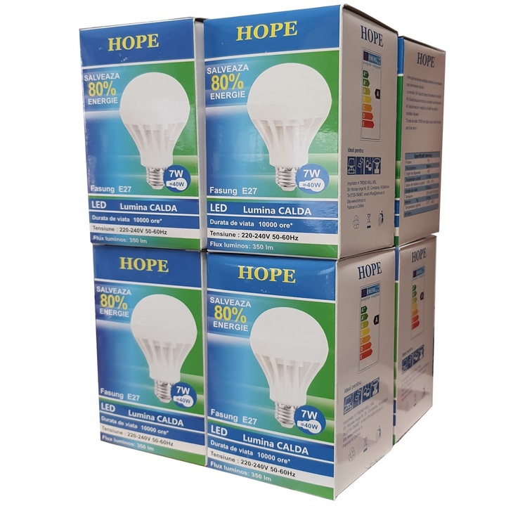 Пакет от 8 LED крушки, HOPE R, E27, 7W, 2700K, топла светлина, 350 Lm