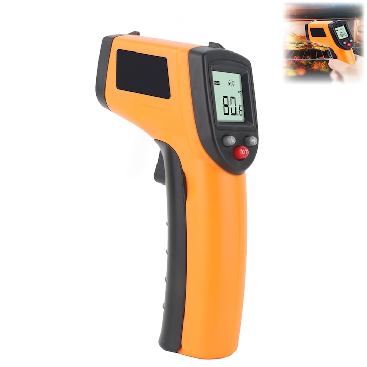 Termometru industrial profesional, Latauar, interval -50 +400°C cu afisaj luminat, portocaliu negru