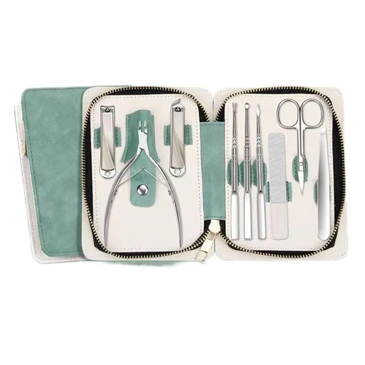 Комплект за маникюр и педикюр, Latauar, неръждаема стомана, 9 части, със стъклена пила, ножица, нокторезачка, 2x клещи за кожички, 3x избутвач за кожички, елегантен калъф за съхранение, черен