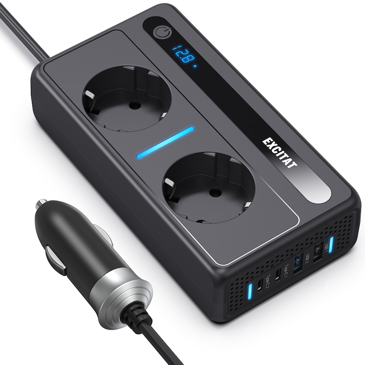 Автомобилен инвертор на напрежението, 12V, Excitat, 200w зарядно за кола, 2x 220V AC контакта, 2xUSB QC3.0, 2xType C 30w бързо зареждане, черно