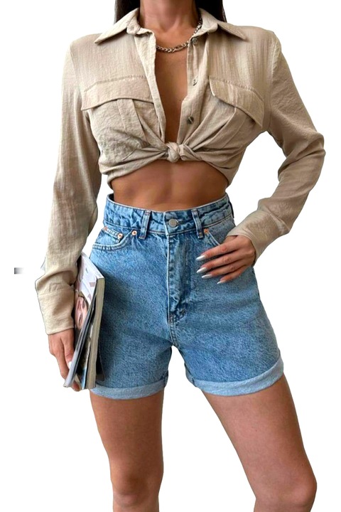 Pantaloni scurti de blugi Mika, cu manseta, croiala mom slimfit si buzunare practice, Albastru deschis