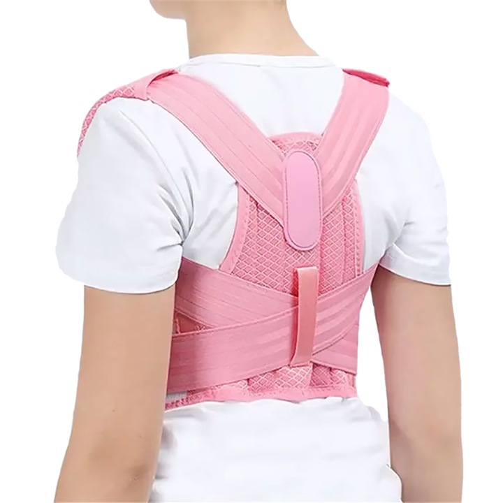 Corector de postura ortopedic pentru copii, FanFox™, design ergonomic, ajustabil, Roz, S