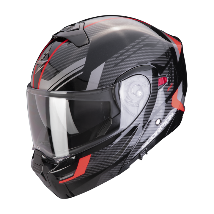 Сгъваема каска за мотоциклет Scorpion Exo-930 Evo, Черен / Сребрист / Червен цвят, включва pinlock и слънчеви очила размер M