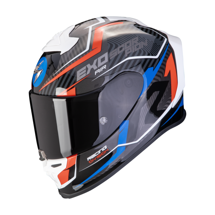Мотоциклетна каска с пълно лице SCORPION EXO-R1 EVO AIR COUP BLACK/RED/BLUE, включва димна козирка, размер L