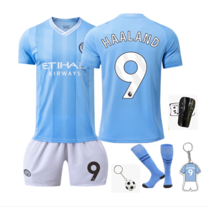 Echipament sportiv copii, ANUTETOUNI®, Manchester City Haaland Fotbal Tricou, Poliester, Albastru