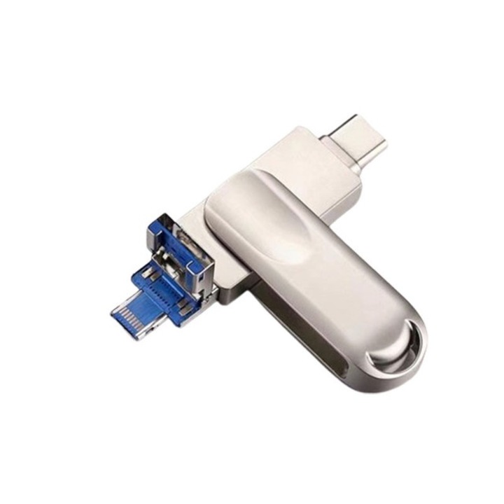 USB pendrive, JENUOS 4 az 1-ben, 1 TB, USB 3.0/USB-C/Lightning/Micro-USB, forgatható, ezüst
