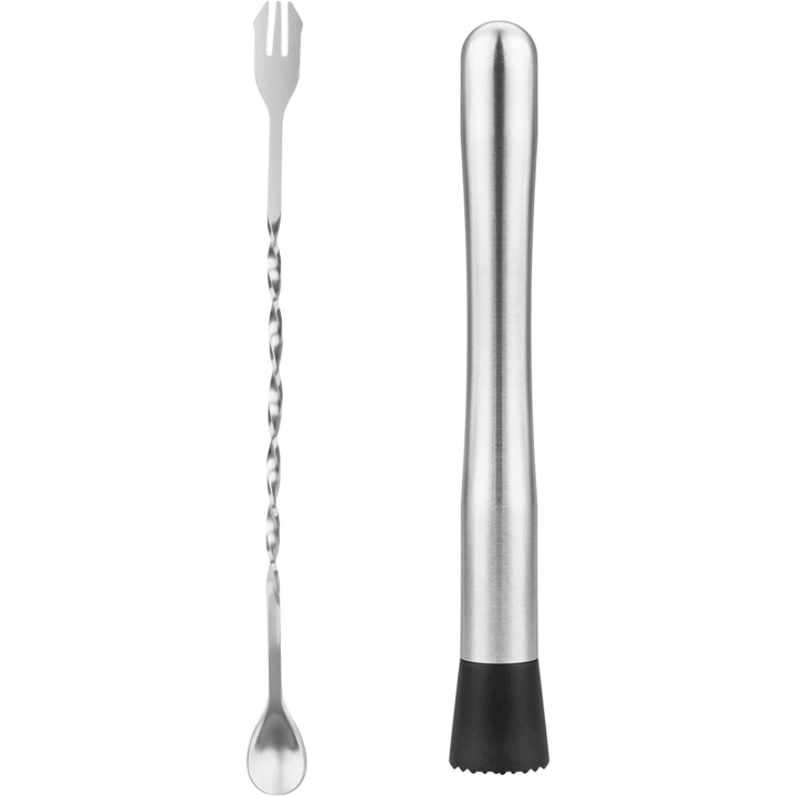 Set Muddler si Lingura Bar QHYKKYJ, Inox, 25cm, pentru Cocktail-uri