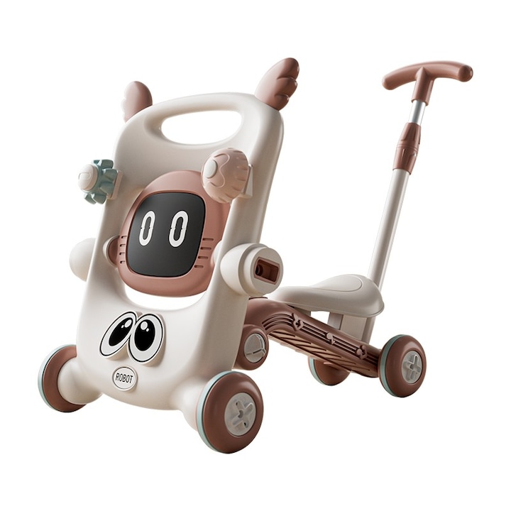 Бебешка проходилка 8 в 1, Flippy, мултифункционална, със сваляща се дръжка за бутане, тротинетка, тротинетка, регулируема седалка, подвижна табла, стабилна, неплъзгаща се, 4 колела, 56x44x64 см, 9-12 месеца, кафява