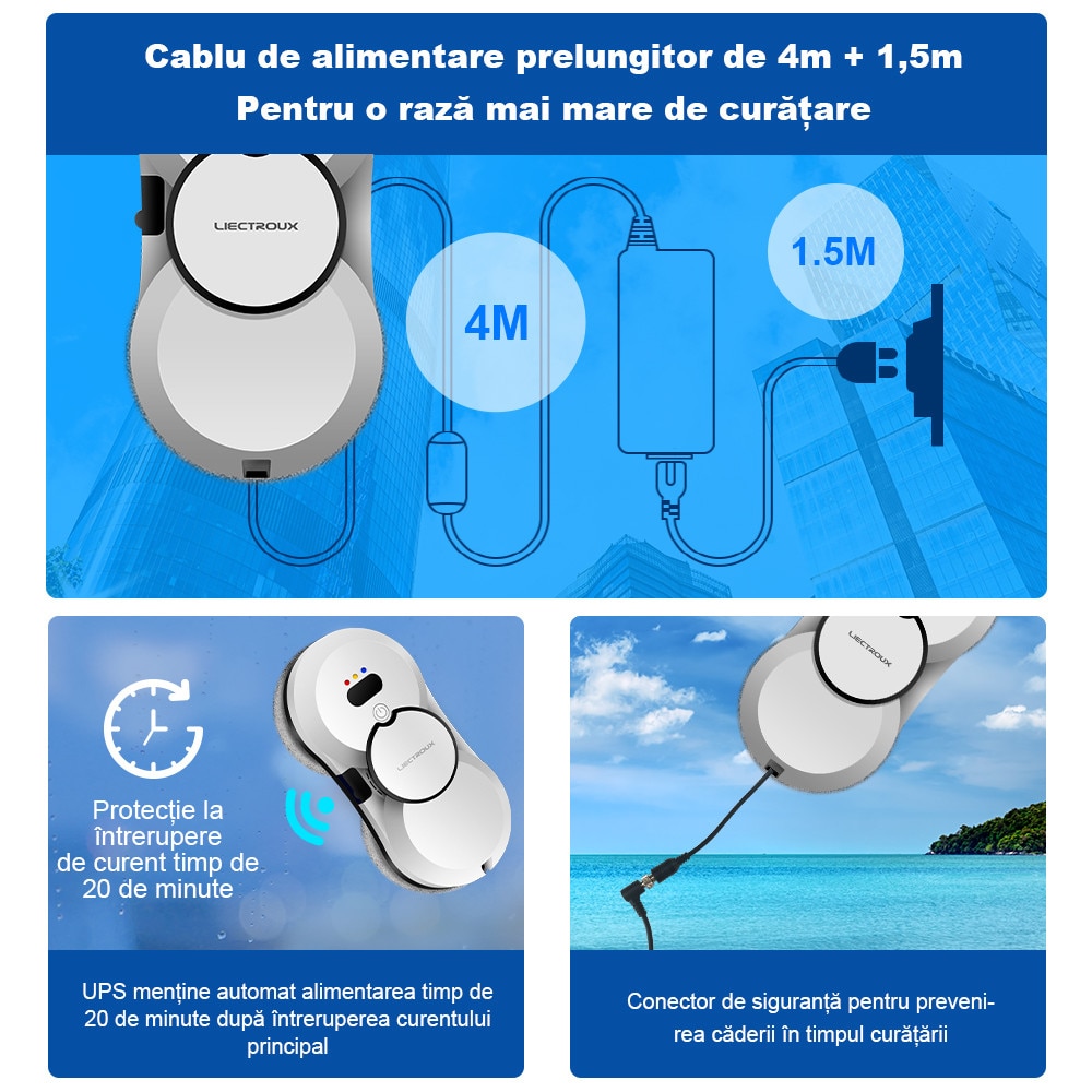 Robot de curatat ferestre Liectroux HCR-10, alb, Robot aspirator pentru ferestre，Ultrathin Robot de curatat ferestre cu jet de apa cu ultrasunete,, Stergator de geamuri pentru acasa, telecomanda, motor fara perii