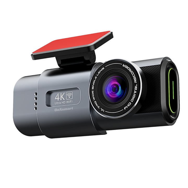 Видеорегистратор OnXsmart, DVR 4K UHD 2160P + 1080P, двоен преден и обратен запис, GPS, Мобилно приложение, Цикличен запис, Нощно виждане, G-сензор, Гласови инструкции, 170° ъгъл на заснемане, безплатна 32 GB SD карта, сребрист