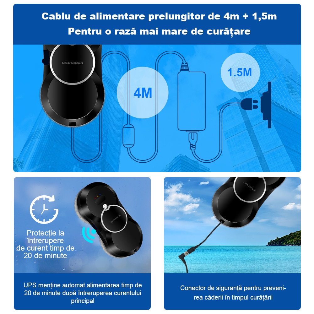 Robot de curatare geamuri Liectroux HCR-10, Robot de curatare a ferestrelor ultra-subtire cu pulverizare cu apa cu ultrasunete, aspirator robot pentru ferestre, stergator de geamuri pentru acasa