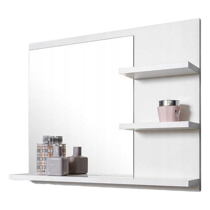 Fürdőszoba tükör polcokkal, Domtech, Fa, 60 x 12 x 50 cm, Matt fehér