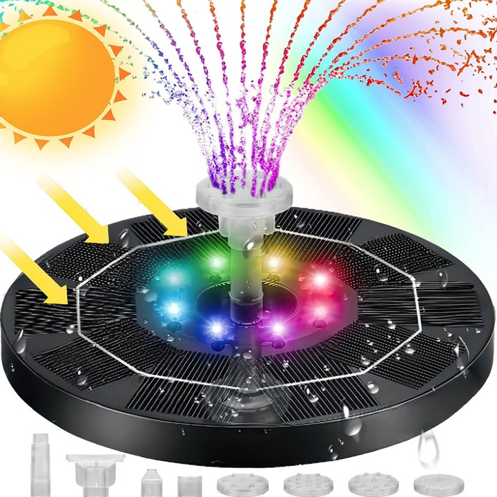 Fantana arteziana pentru gradina, Excitat®, incarcare solara, Iluminare LED Multicolor, baterie incorporata de 2000 mAh, pompa plutitoare cu 6 efecte, pentru iaz, piscina, iaz de peste, baie de pasari, gradina, 16.2 cm, Negru