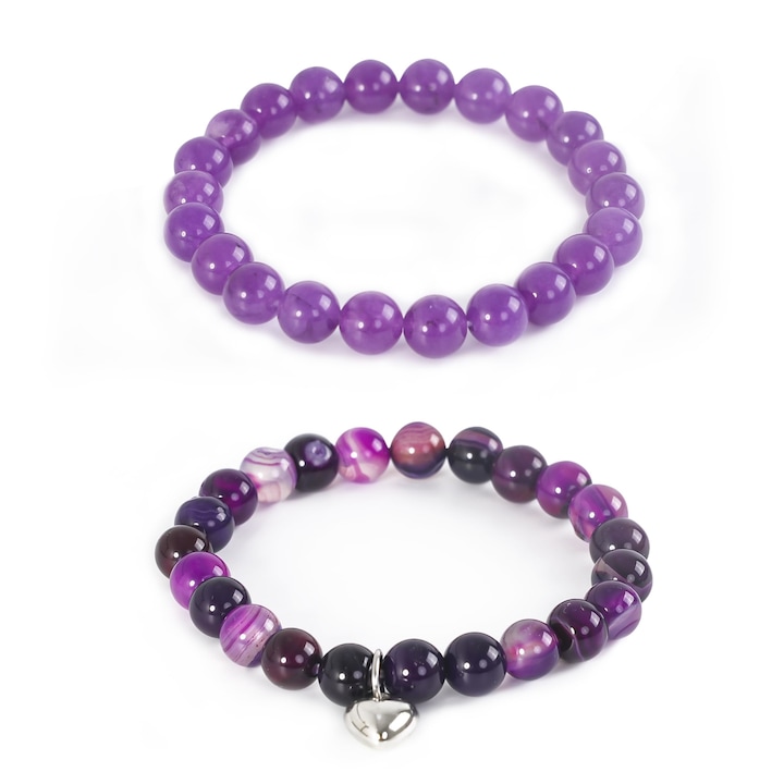 Set 2 bratari ametist, elastic ajustabil, Bratara zen cu pietre semipretioase Ametist si pandantiv scluptat in forma de inima,8mm, mov