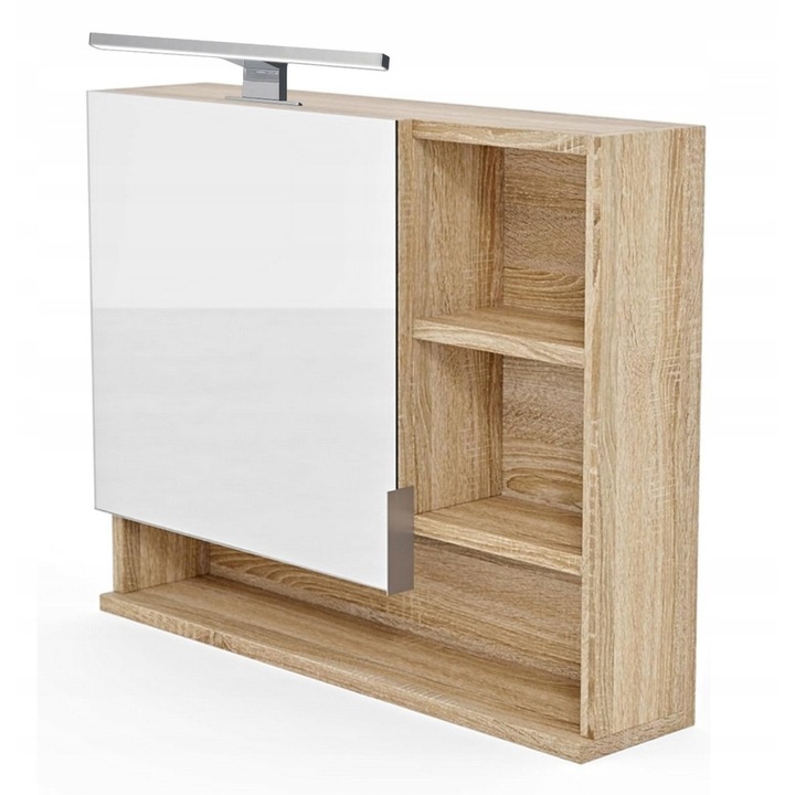Dulap baie cu oglinda cu iluminare LED si rafturi, culoare stejar sonoma, 60x50x13,7cm