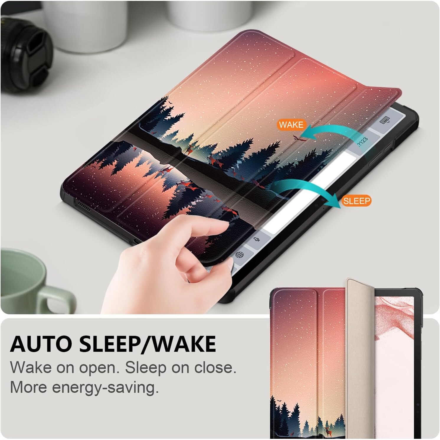 Husa pentru Samsung Galaxy Tab S10 Ultra, S9 Ultra, S8 Ultra, 14.6 inch, Ultra-Light / Slim tip stand, cu functie sleep/wake-up si slot pentru stylus, Smart Cover, model Mirrored in the Lake, Sigloo