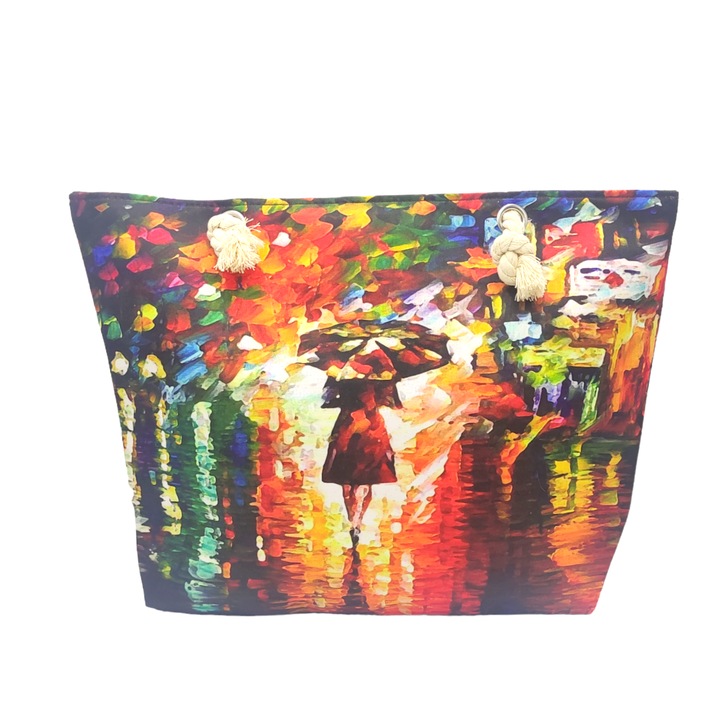 Geanta de plaja/ cumparaturi, imprimeu fata cu umbrela, 54 x 15 x 38 cm