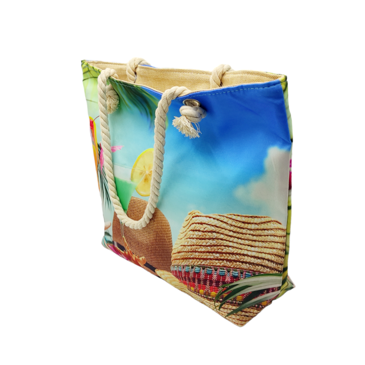 Geanta de plaja/ cumparaturi, imprimeu cocktail pe malul marii, 54 x 15 x 38 cm