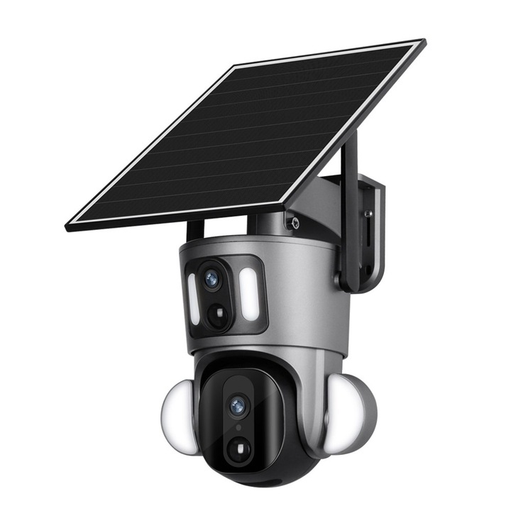Camera de supraveghere Milmatt, 2K, WIFI, PTZ, Dual Camera, 4MP, Incarcare Solara, Rotire Din Aplicatie, Rezistenta La Apa IP 66