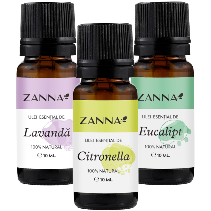 Pachet 3 uleiuri esentiale "Repelente contra Insectelor", cu Citronella, Lavanda si Eucalipt, 3x10ml, Zanna Cosmetics