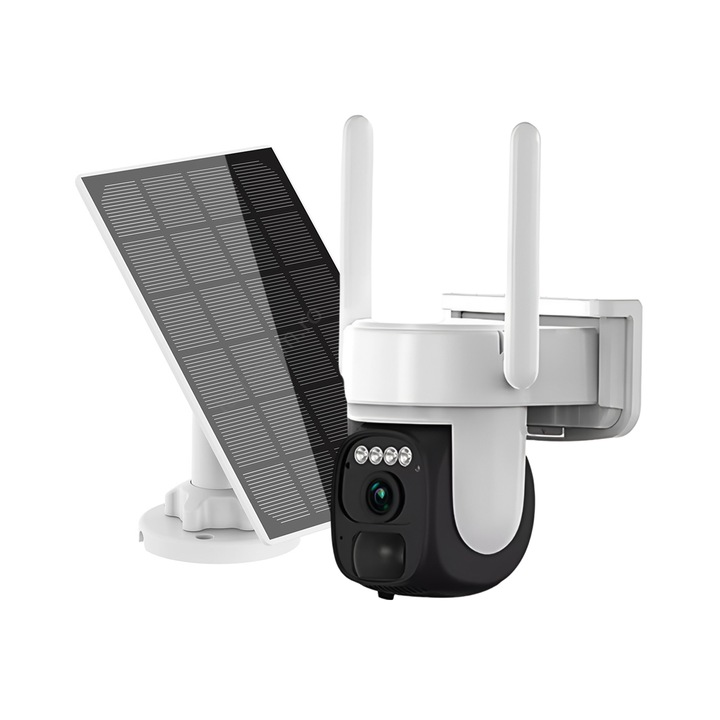 Camera de supraveghere 2K VRSmarty™, WiFi cu zoom optic de 20x pentru utilizare in aer liber, sistem de securitate IP, PTZ, incarcare solara cu panou inclus, Alb