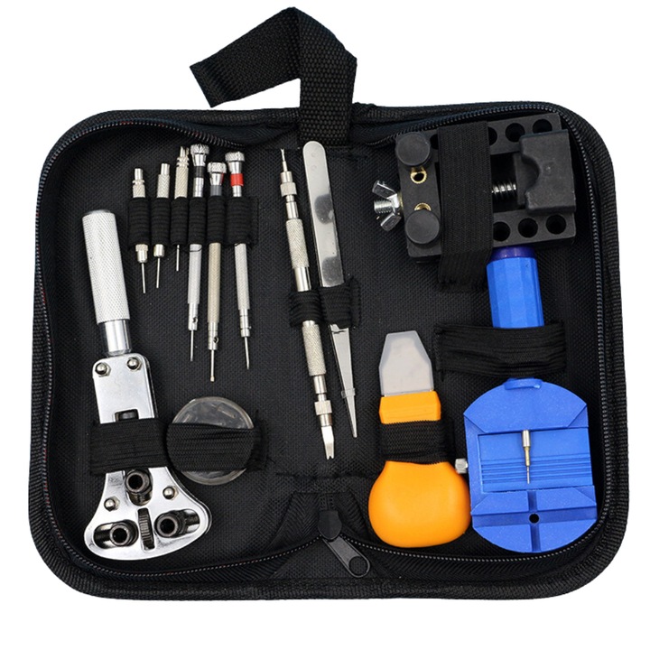 Set de scule pentru reparare ceasuri cu 13 piese si husa inclusa, negru, PROMERCO®
