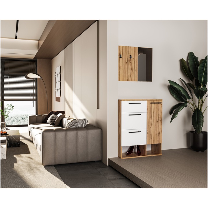 Комплект мебели за антре Asaro Orato, 75x32x190 см, Дъб/Бял