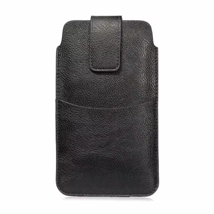 Универсален защитен калъф за телефон от еко кожа UIQ, щипка за колан, първокласна кожа, закопчаване с катарама, 6,7 инча, размер L, черен