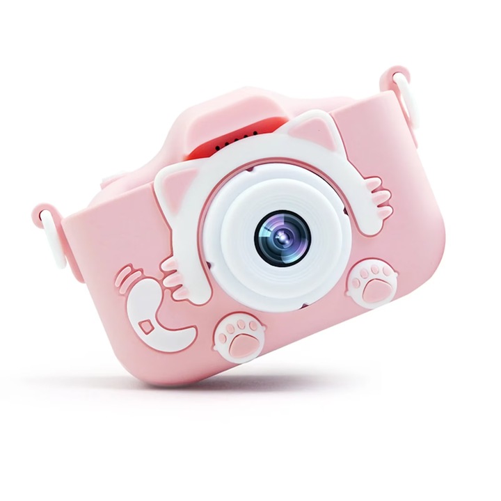 Gyermekkamera, Aurov, Fotó, Videó, Játékok, Zene, 2,0 hüvelykes, szilikon védőburkolat, SD kártya 32 GB, 1080P HD, 2,0 hüvelykes, 12 MP, 600 mAh, Rózsaszín
