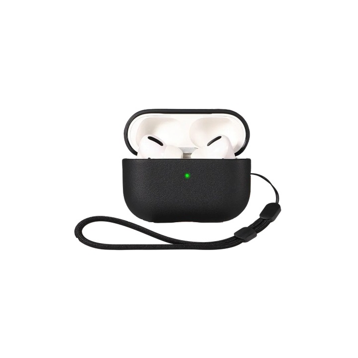 Husa protectie casti compatibila cu Apple AirPods Pro, anti-soc, piele eco, negru, 2 piese, snur prindere, compatibila incarcare wireless, AHA PRINT®