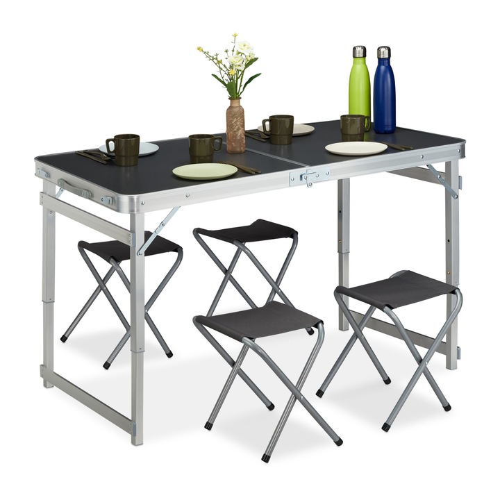 Set masa pliabila si 4 scaunepliabile, Relaxdays, negru/argintiu, dimensiuni masa 120 x 60 cm