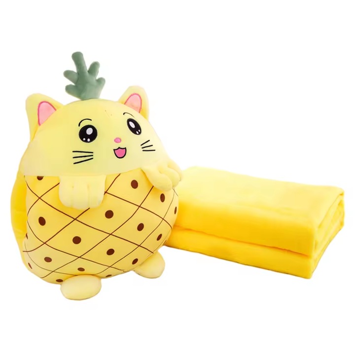 Jucarie de plus multifunctionala, dimensiuni 25X30X30cm, cu Paturica pufoasa, dimensiuni 180x100cm, Model Ananas, Culoare Galben ABYZ