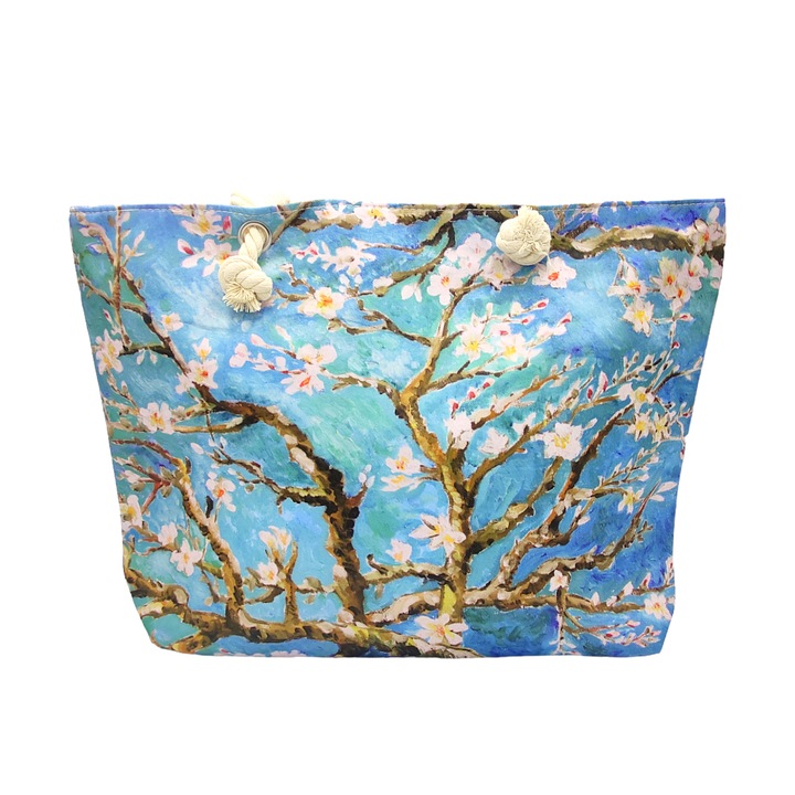 Geanta de plaja/ cumparaturi, imprimeu ramuri de migdal, 54 x 15 x 38 cm