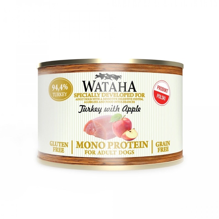 Conserva Wataha MONO PROTEIN Pentru Caine Adult, 94, 4% Carne, Cu Mar Si Curcan, 200g