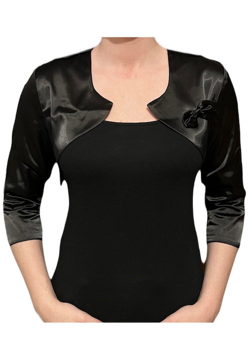 Bolero din satin negru cu fundita, maneci 3/4 - ILONA, Negru