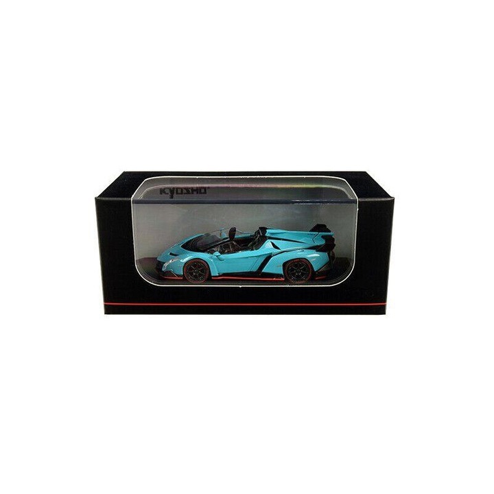 Lamborghini Veneno Roadster kék/piros vonalú modell plexi vitrinnel - 1/64 Kyosho
