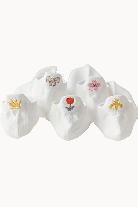 Sosete dama, set 5 perechi, model minimalist ridicat in spate pe glezna, detaliu chic cusut, tematica happy moments, marimea 36 – 42, alb, EFAYN