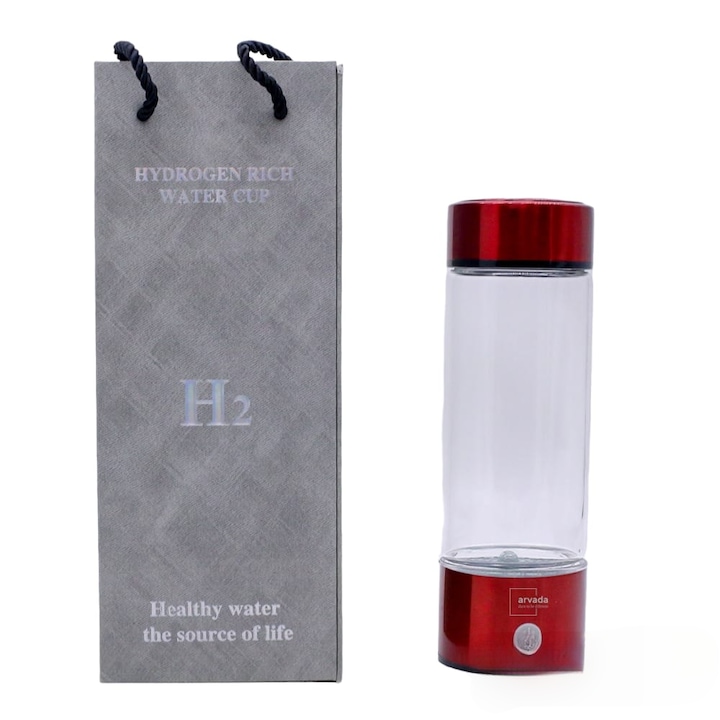 Бутилка с генератор за хидрогенирана, йонизирана и плазмена вода - 420 мл, ARVADA, USB захранване, LED, включен филтър, акумулаторна, алкална, терапевтична, концентрация на водород 1300-1600 ppb, подаръчна кутия, червен цвят