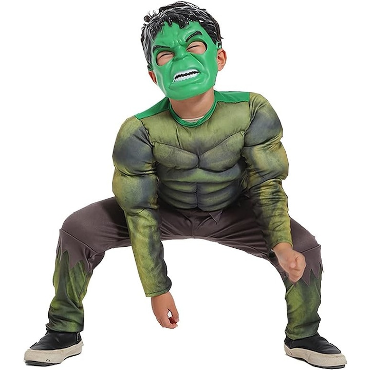 Costum Hulk cu Muschi pentru copii, Set cu Masca, Transforma-te in eroul tau preferet, EvrikaUnity®, Materiale Premium, 5-6 ani, 130cm, Verde