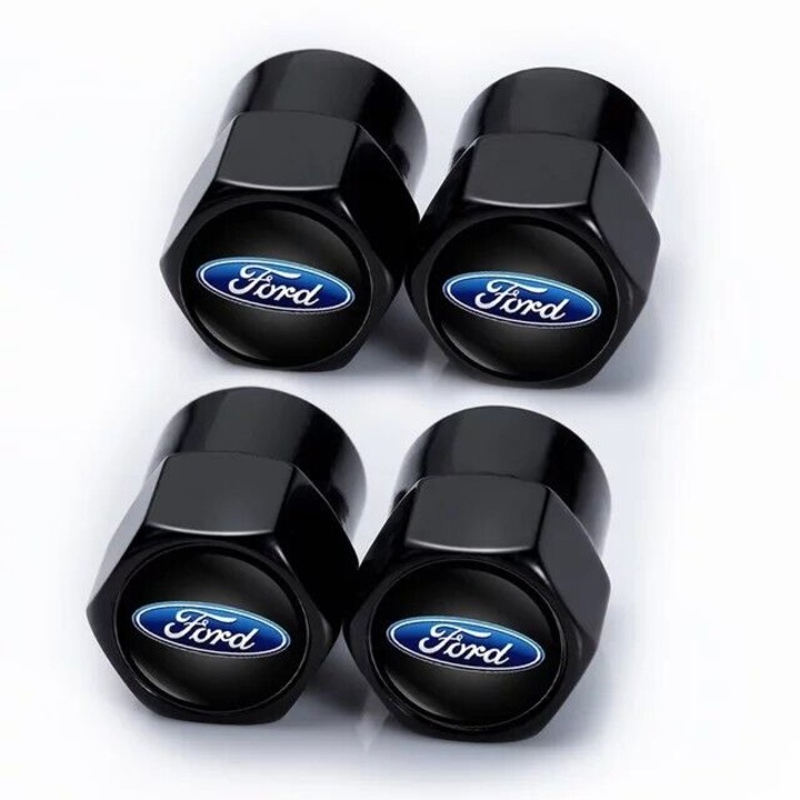 Set 4 capacele pentru ventil auto din aluminiu, SA&SO General Store®, Hexagon, Ford, Negru