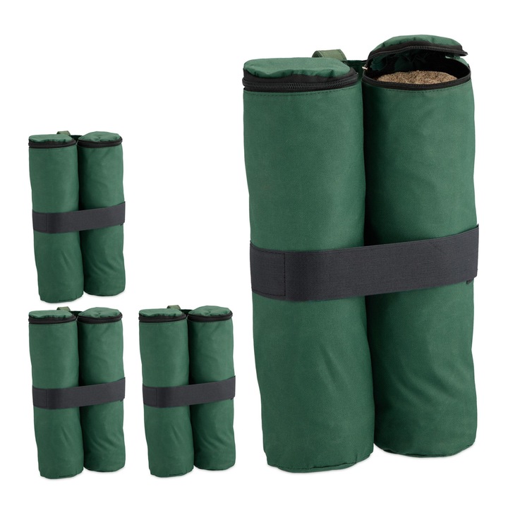 Set 4 saci de ancorare pavilion, Relaxdays, dimensiuni 40 x 42 cm, capacitate de umplere 10 kg per sac, verde/negru