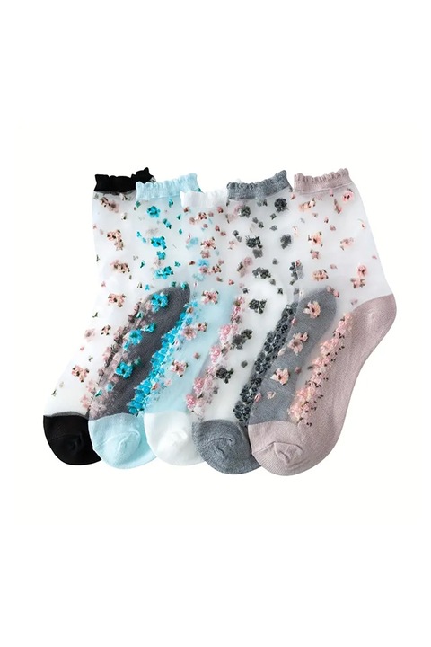 Sosete dama, set de 5 perechi, model delicat semitransparent, intaritura la varf si pe talpa, imprimeu cu flori, tematica cute spring, marimea 36 – 42, multicolore, EFAYN