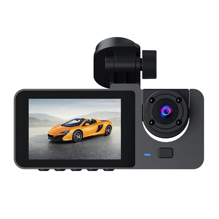 Тънък автомобилен DVR тройна камера, 2 инча LCD екран, Full HD, 3 лещи, 2 предни и 1 задна, G сензор, черен