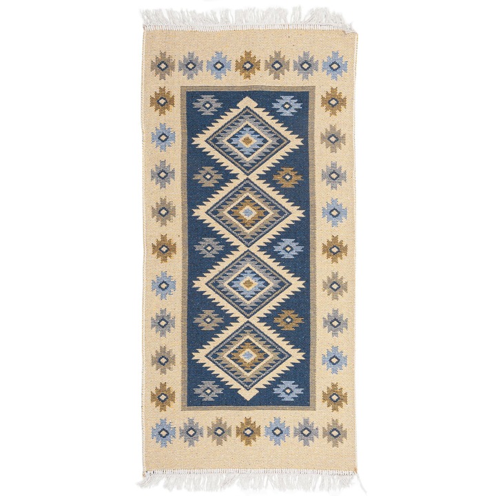 Килим с пискюли, e-floor, Kilim, Boho, Tassels, памук, 80x150 см, син