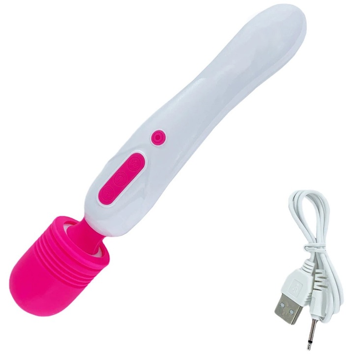 Вибратор с гъвкава глава за интимна стимулация, Масаж SIKS, Силиконова глава, 10 режима на вибрация, Водоустойчив, 23 x 4 см, Розов/Бял