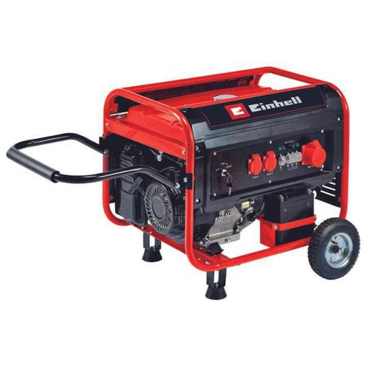 Generator de curent Einhell TC-PG 65/E5, 8000 W, 4 timpi, 1x 12V, 2x 230 V + 1x 400 V, comutator la suprasarcina, protectie la nivel scazut de ulei si funcție AVR, pornire electrica, 25 l capacitate rezervor, benzina