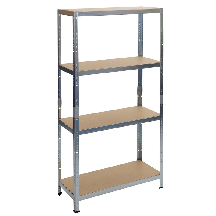Etajera metalica 138x60x30 cm, 50kg/polita, 4 polite MDF, fixare fara surub prin clipsare, cadru metalic din otel zincat